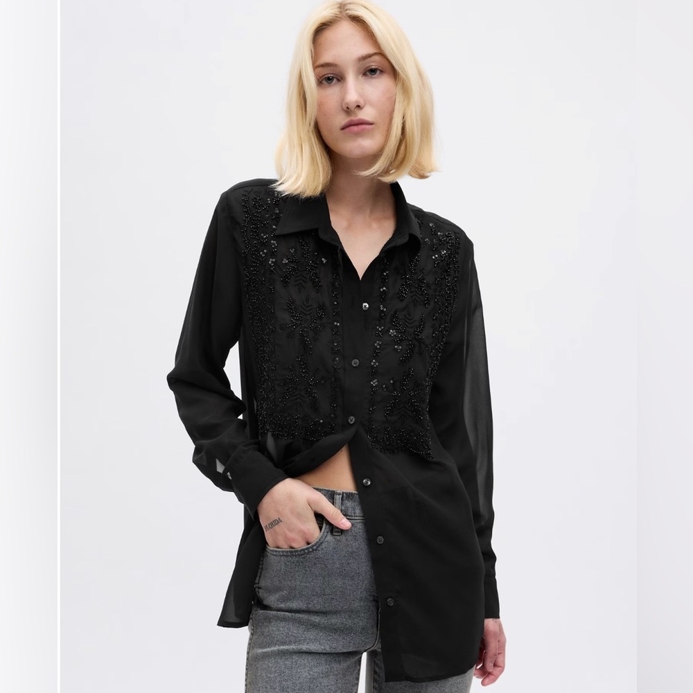 Gorgeous beaded semi-sheer boyfriend shirt